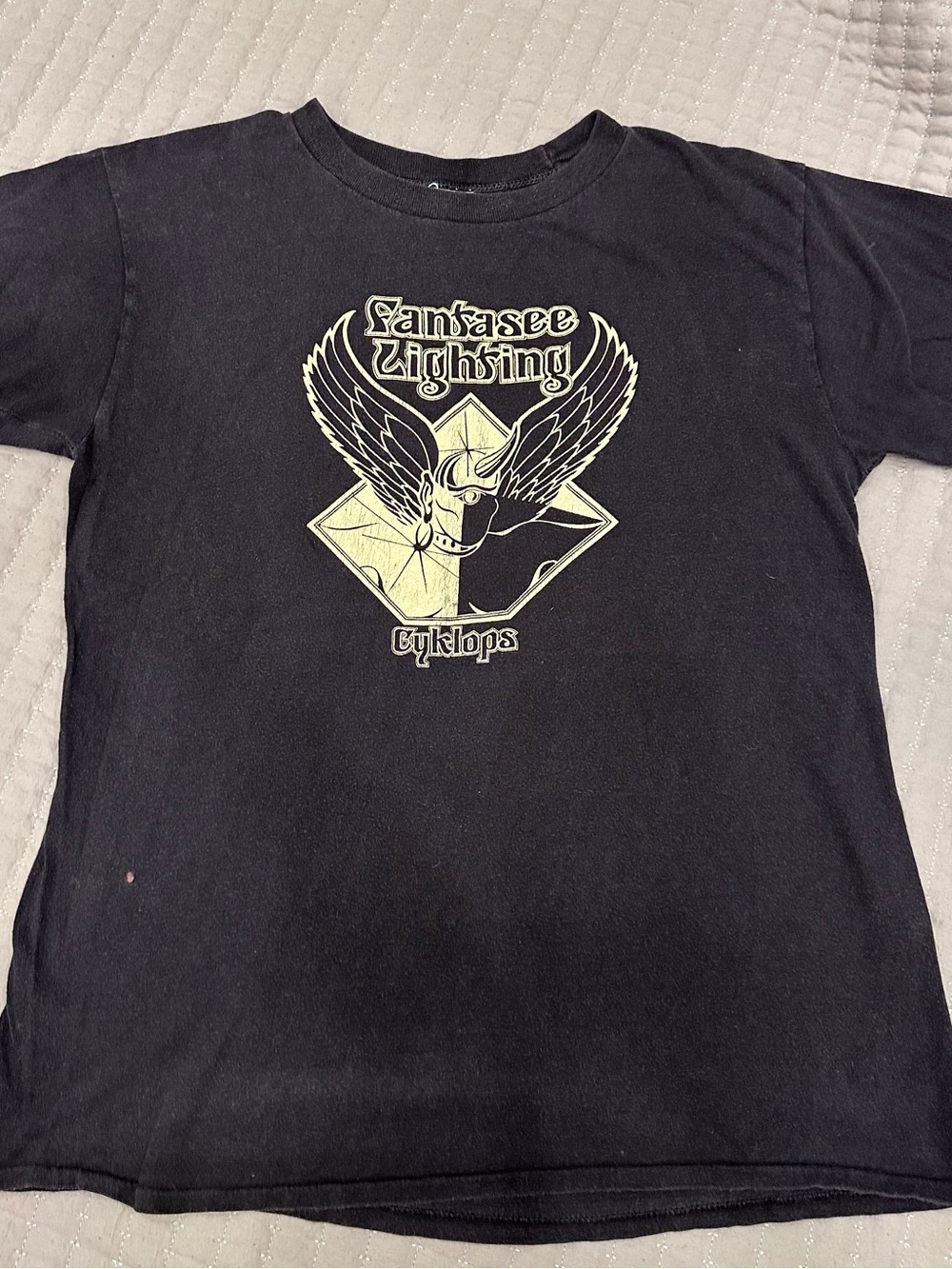 Vintage Black Tee with Pale Yellow Winged Skull Graphic stage hand group
